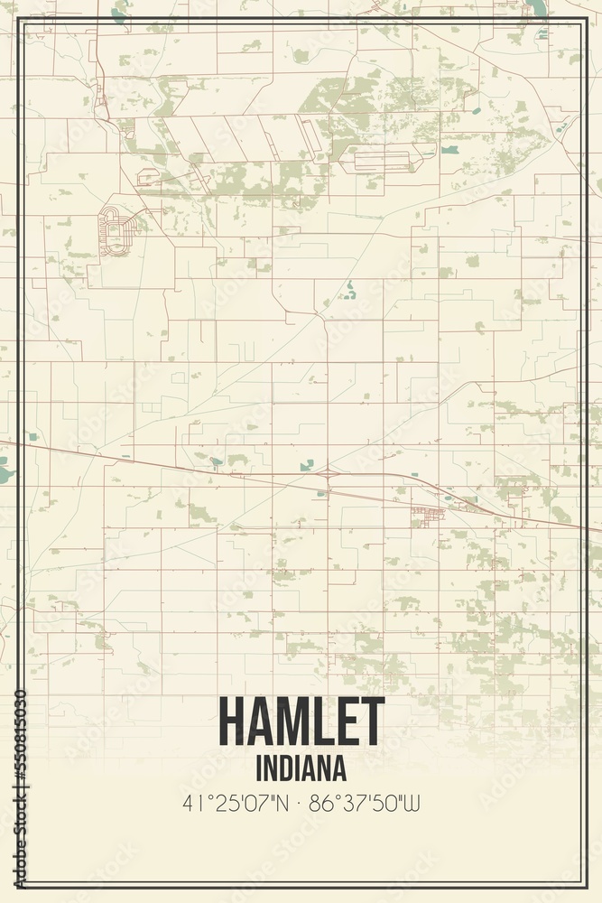 Retro US city map of Hamlet, Indiana. Vintage street map.