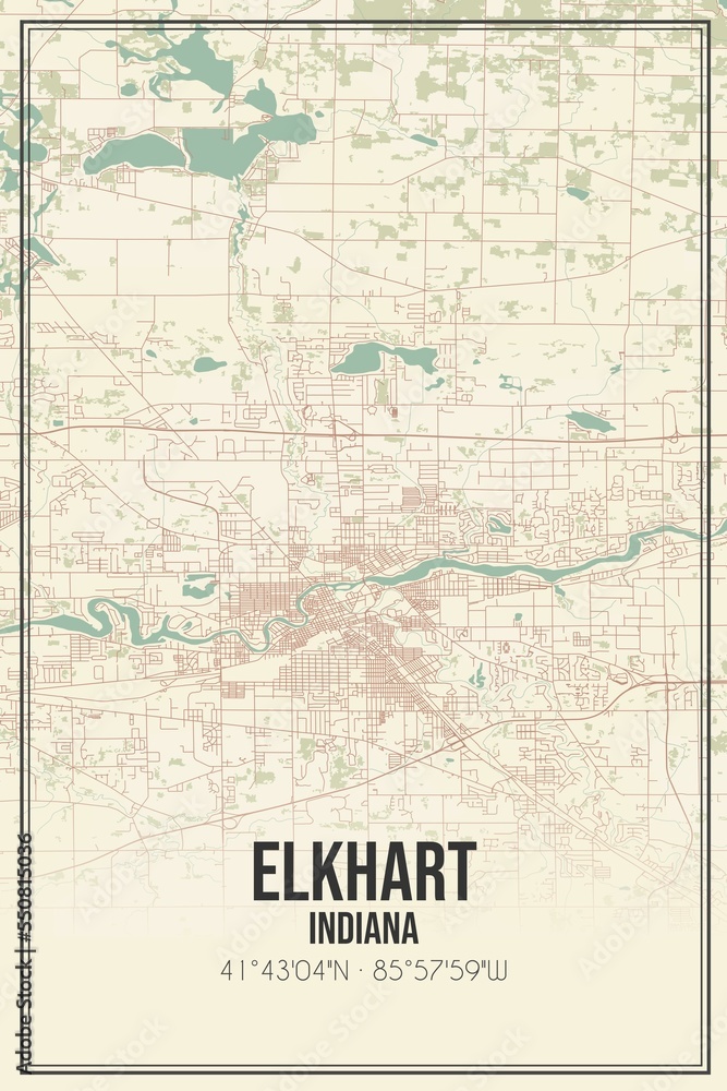 Retro US city map of Elkhart, Indiana. Vintage street map.