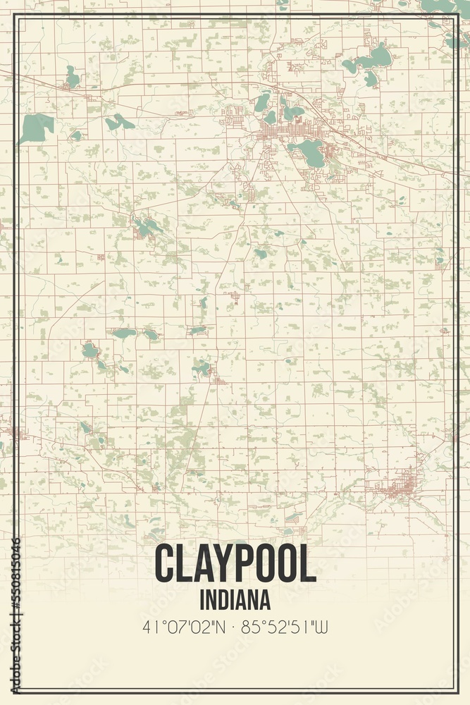 Retro US city map of Claypool, Indiana. Vintage street map.