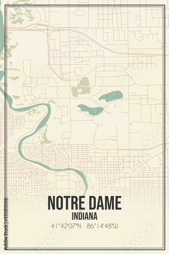 Retro US city map of Notre Dame, Indiana. Vintage street map.