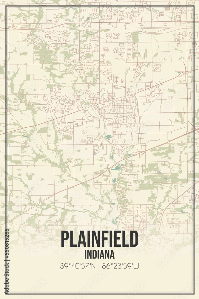 Retro US city map of Plainfield, Indiana. Vintage street map.