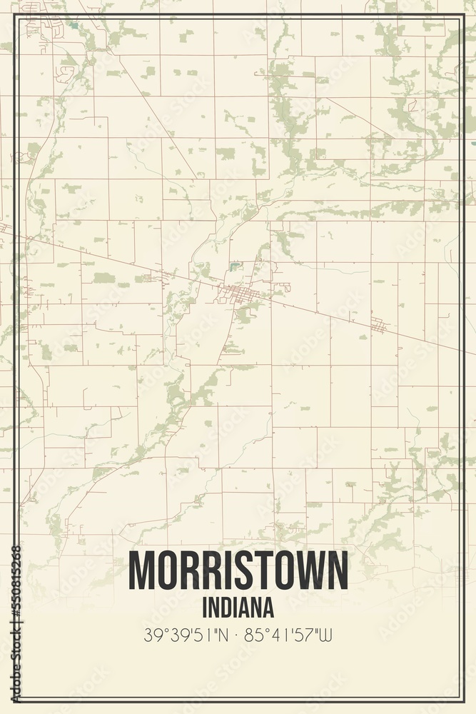 Retro US city map of Morristown, Indiana. Vintage street map.