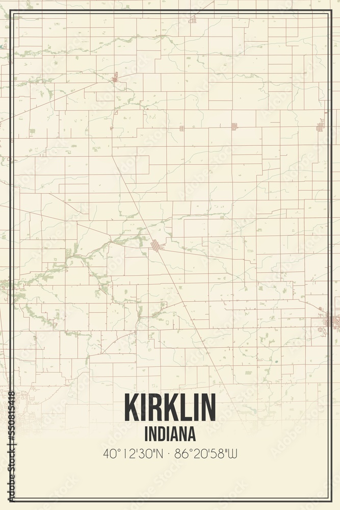 Retro US city map of Kirklin, Indiana. Vintage street map.