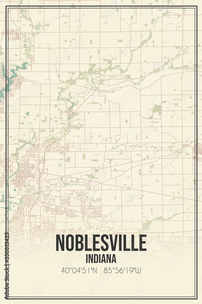 Retro US city map of Noblesville, Indiana. Vintage street map.