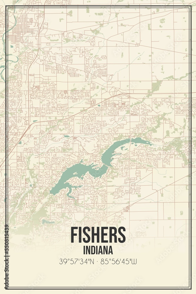 Retro US city map of Fishers, Indiana. Vintage street map.