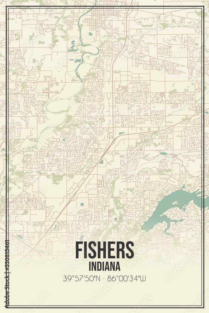 Retro US city map of Fishers, Indiana. Vintage street map.
