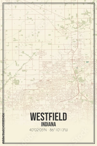 Retro US city map of Westfield, Indiana. Vintage street map.