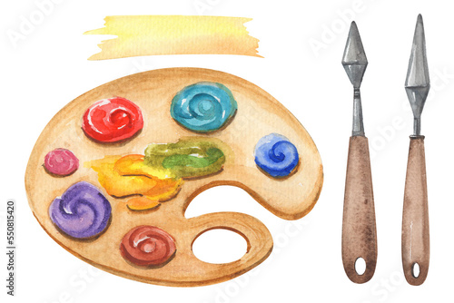 Set of watercolor artist's tools - palette with oil paint, palette knife isolated on white.