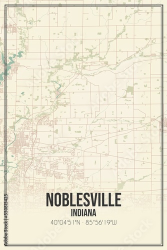 Retro US city map of Noblesville, Indiana. Vintage street map.