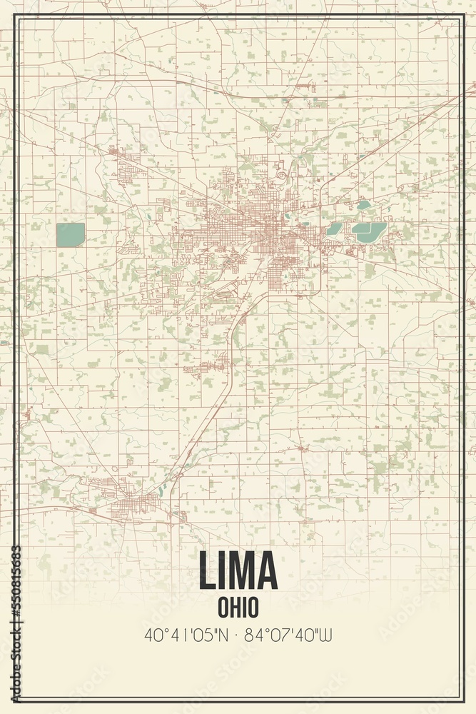 Retro US city map of Lima, Ohio. Vintage street map.