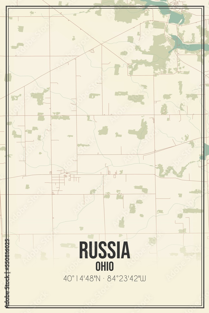 Retro US city map of Russia, Ohio. Vintage street map.