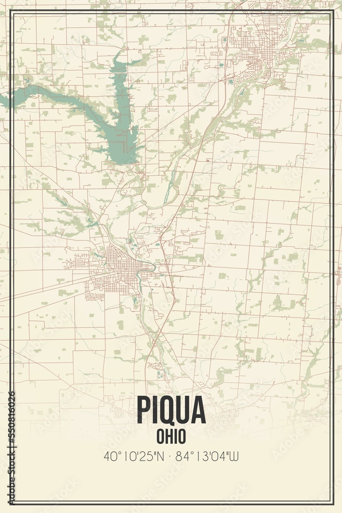 Retro US city map of Piqua, Ohio. Vintage street map.