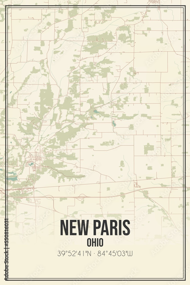 Retro US city map of New Paris, Ohio. Vintage street map.