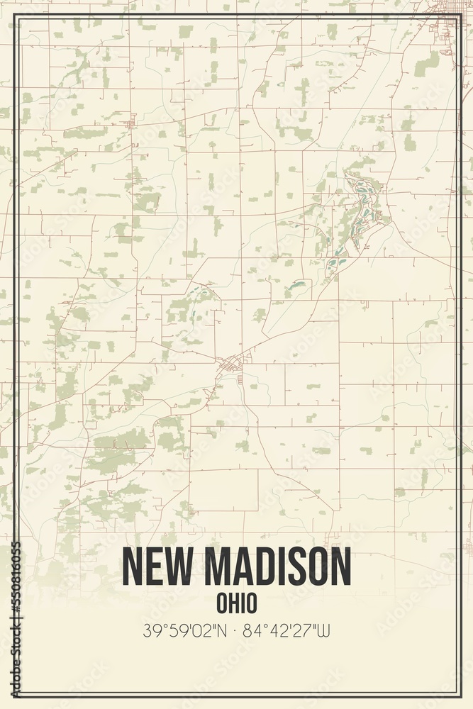 Retro US city map of New Madison, Ohio. Vintage street map.