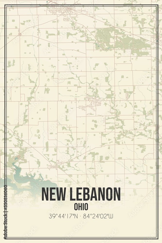 Retro US city map of New Lebanon, Ohio. Vintage street map.