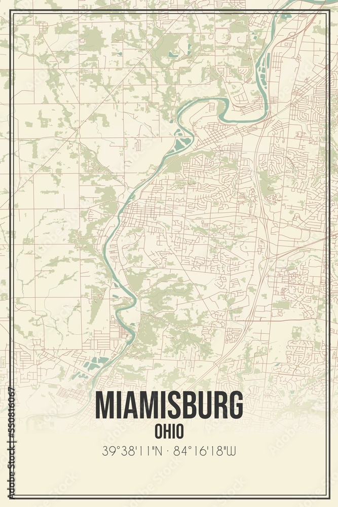 Retro US city map of Miamisburg, Ohio. Vintage street map.