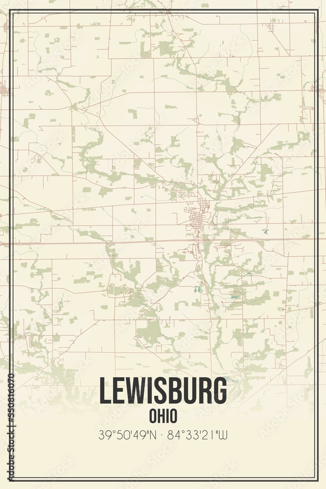 Retro US city map of Lewisburg, Ohio. Vintage street map.