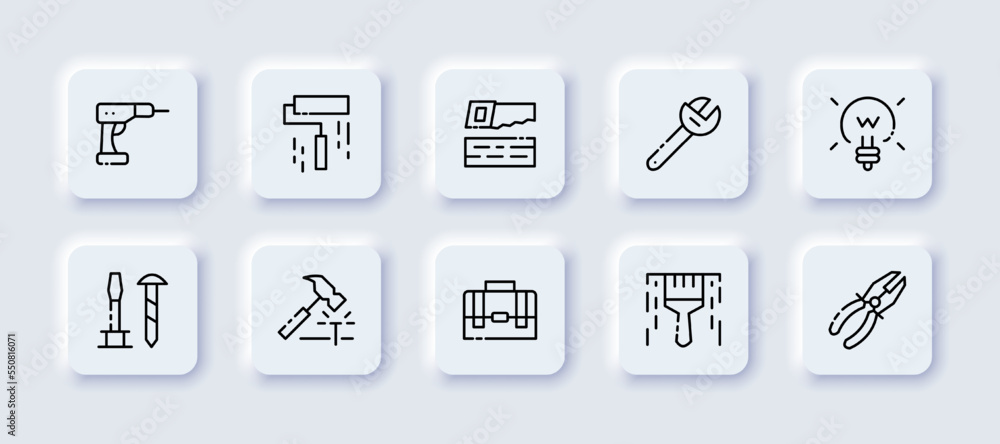 Construction tools set icon. Engineering, drill, puncher, paint roller, saw, wrench, lamp, screwdriver, screw, hammer, nail, briefcase, brush, pliers. Technology concept. Neomorphism. Vector line icon Construction tools set icon. Engineering, drill, puncher, paint roller, saw, wrench, lamp, screwdriver, screw, hammer, nail, briefcase, brush, pliers. Technology concept. Neomorphism. Vector line icon