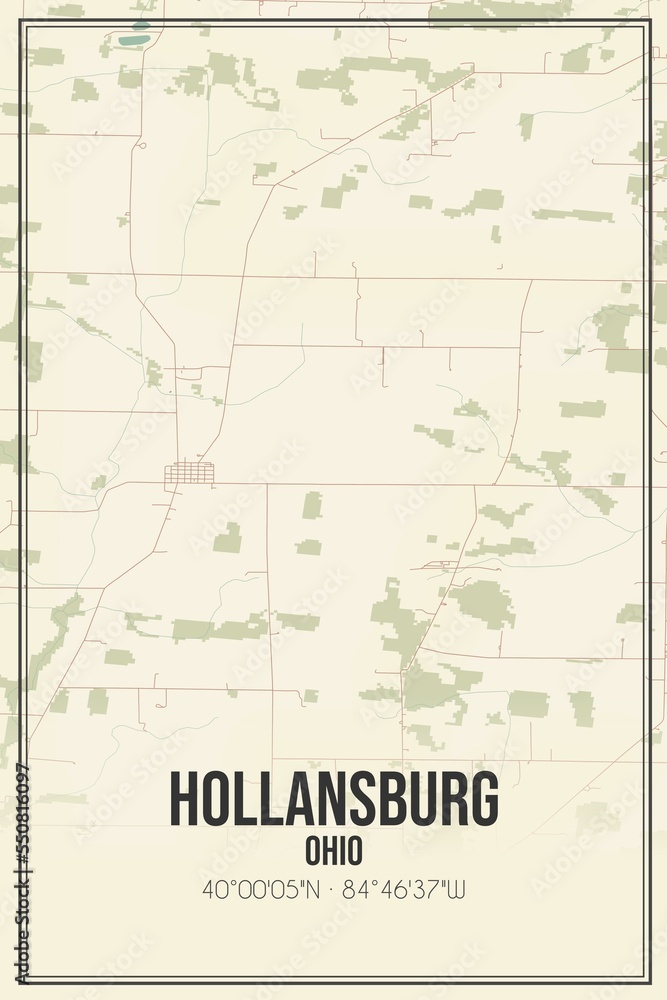Retro US city map of Hollansburg, Ohio. Vintage street map.