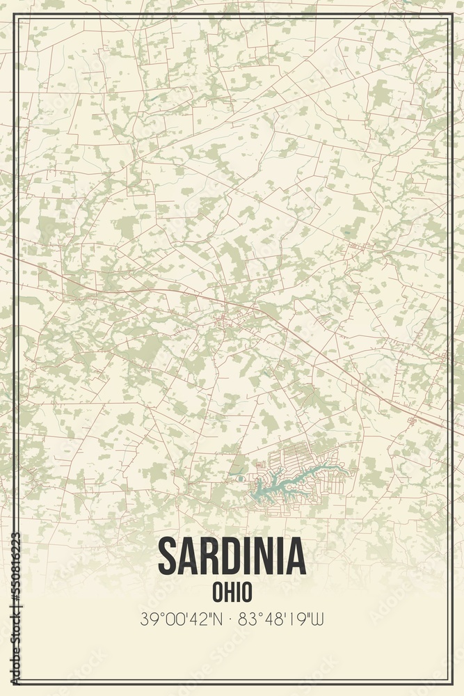 Retro US city map of Sardinia, Ohio. Vintage street map.