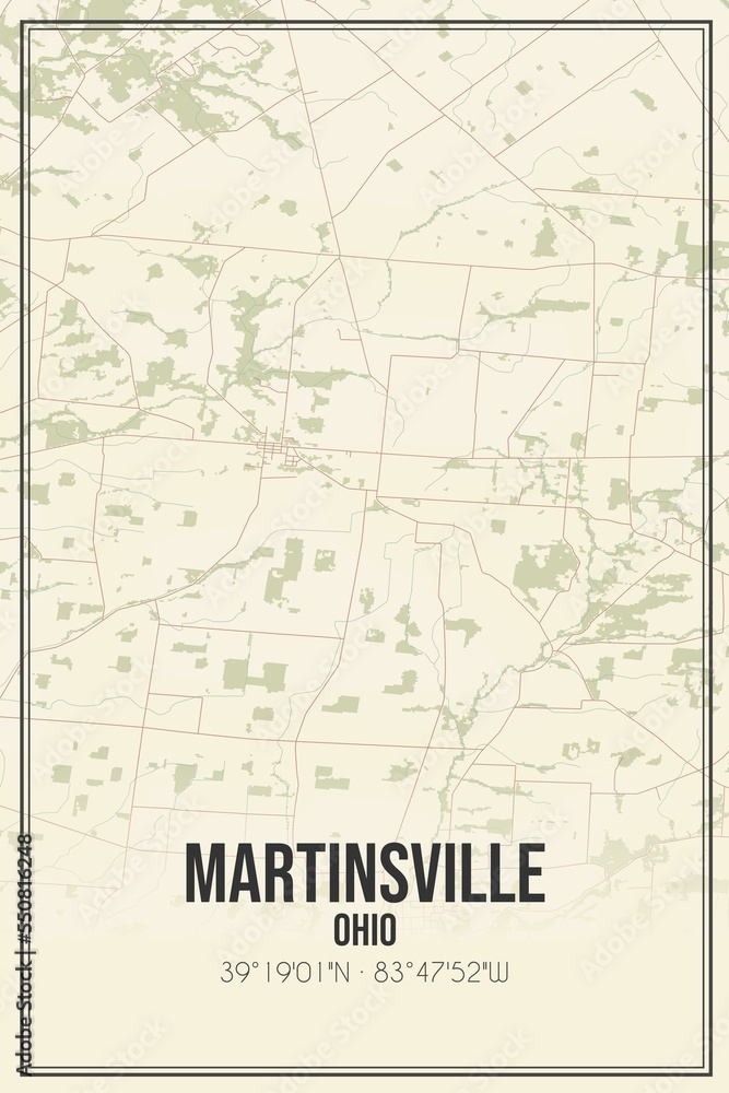 Retro US city map of Martinsville, Ohio. Vintage street map.