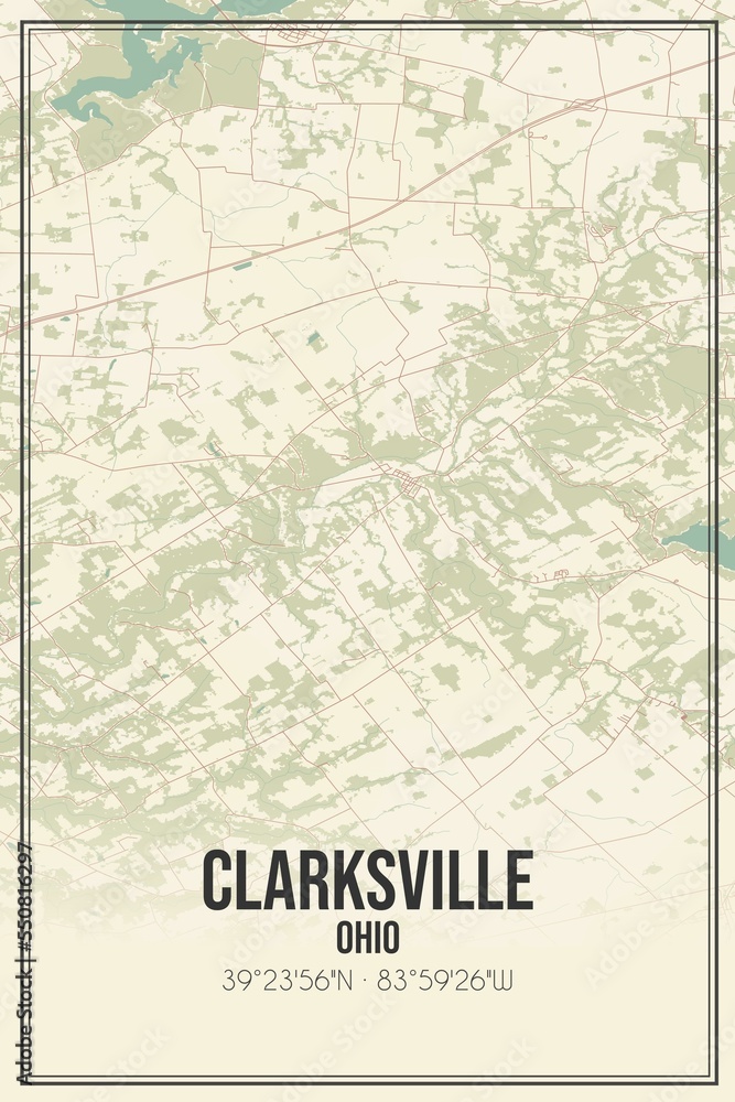Retro US city map of Clarksville, Ohio. Vintage street map.