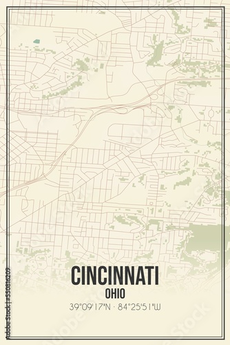 Retro US city map of Cincinnati  Ohio. Vintage street map.