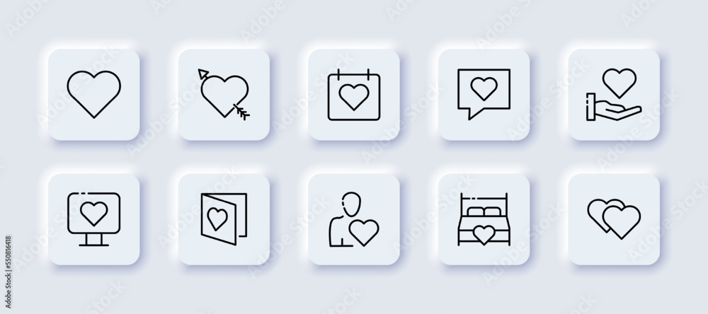 Hearts set icon. Cupids arrow, calendar, meet, love letter, message, hand, computer, postcard, couple, marital bed, wedding. Relationships concept. Neomorphism style. Vector line icon for Business Hearts set icon. Cupids arrow, calendar, meet, love letter, message, hand, computer, postcard, couple, marital bed, wedding. Relationships concept. Neomorphism style. Vector line icon for Business
