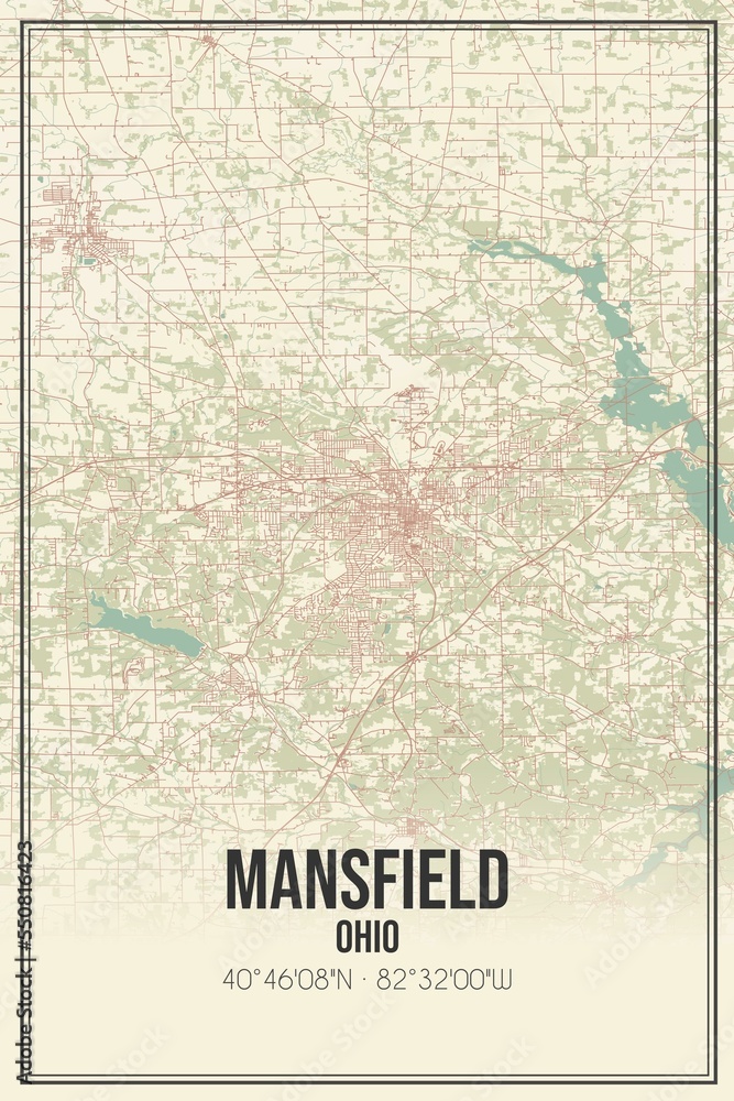 Retro US city map of Mansfield, Ohio. Vintage street map.