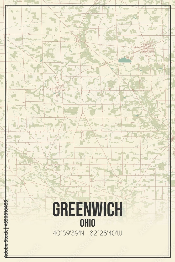 Retro US city map of Greenwich, Ohio. Vintage street map.
