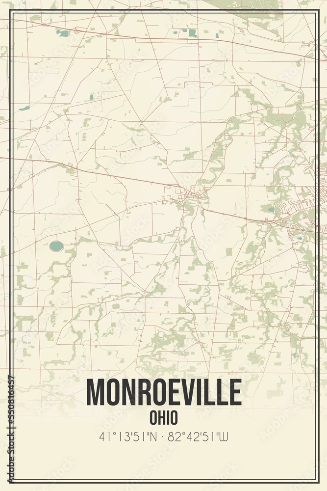Retro US city map of Monroeville, Ohio. Vintage street map.