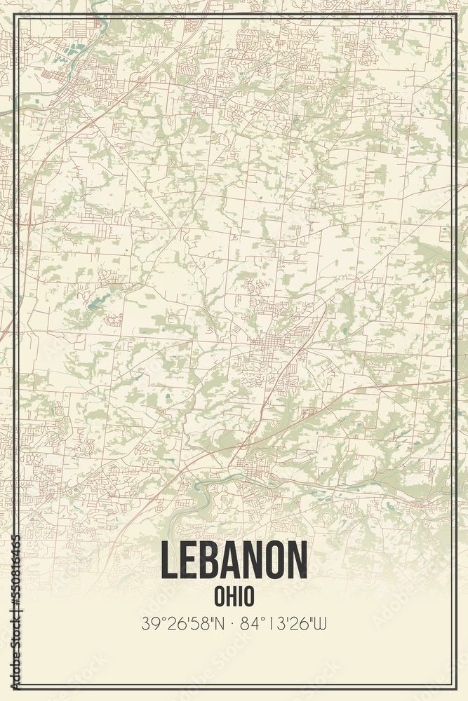 Retro US city map of Lebanon, Ohio. Vintage street map.