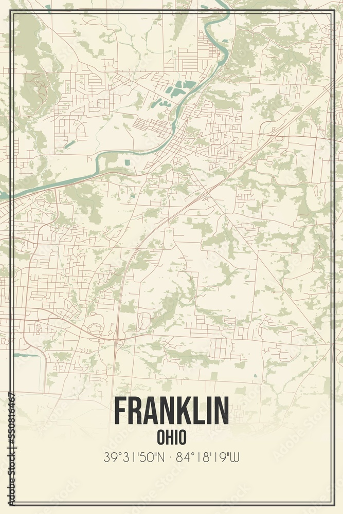 Retro US city map of Franklin, Ohio. Vintage street map.