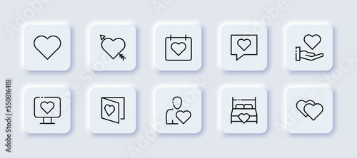 Hearts set icon. Cupids arrow, calendar, meet, love letter, message, hand, computer, postcard, couple, marital bed, wedding. Relationships concept. Neomorphism style. Vector line icon for Business