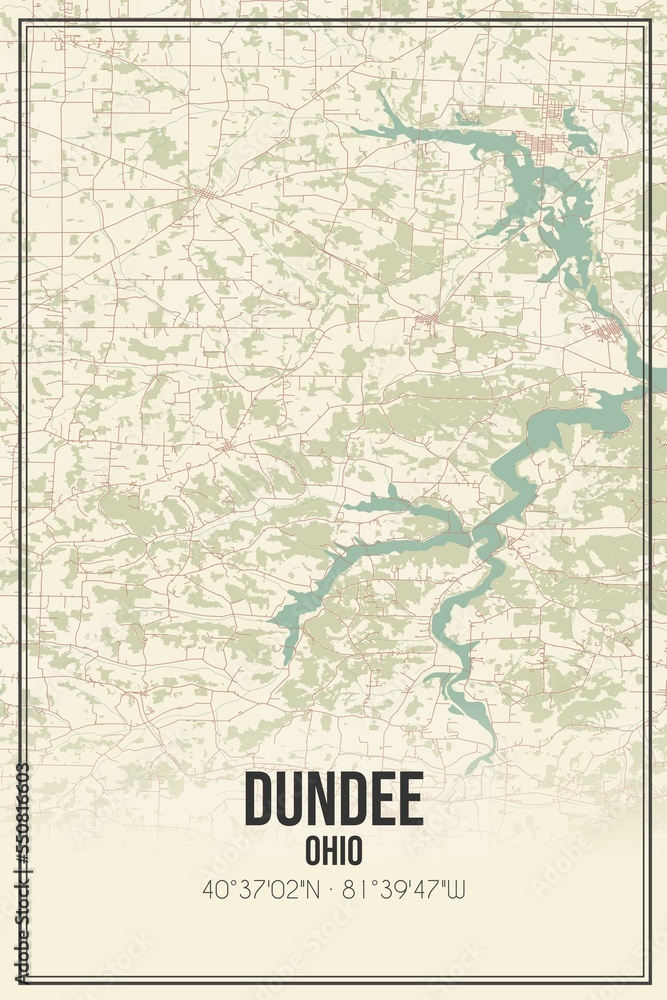 Retro US city map of Dundee, Ohio. Vintage street map.