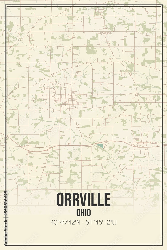 Retro US city map of Orrville, Ohio. Vintage street map.