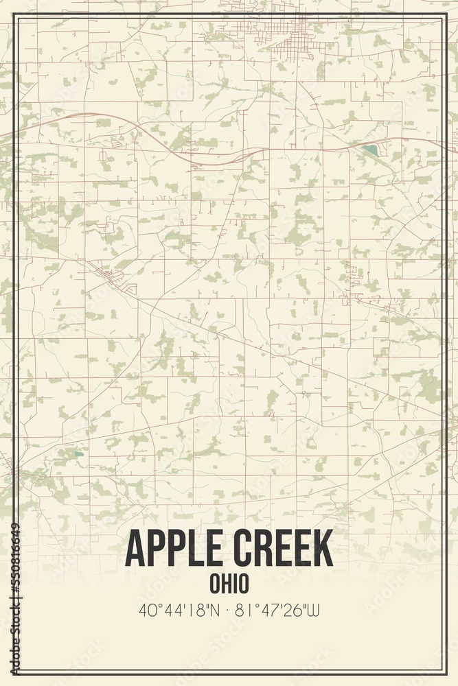 Retro US city map of Apple Creek, Ohio. Vintage street map.