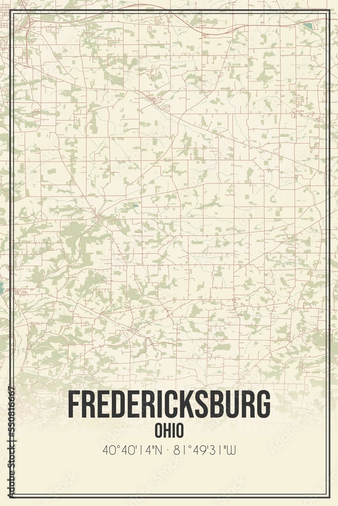 Retro US city map of Fredericksburg, Ohio. Vintage street map.