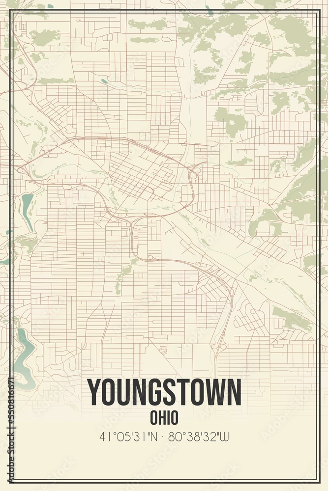 Retro US city map of Youngstown, Ohio. Vintage street map.