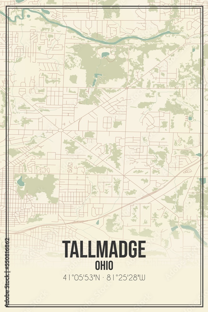 Retro US city map of Tallmadge, Ohio. Vintage street map.