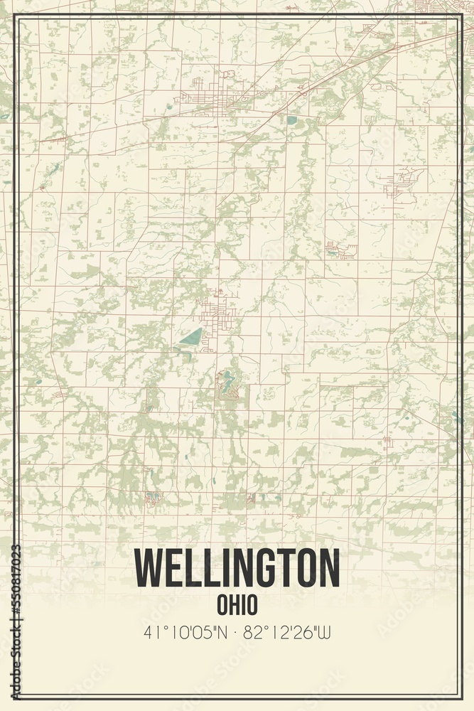 Retro US city map of Wellington, Ohio. Vintage street map.