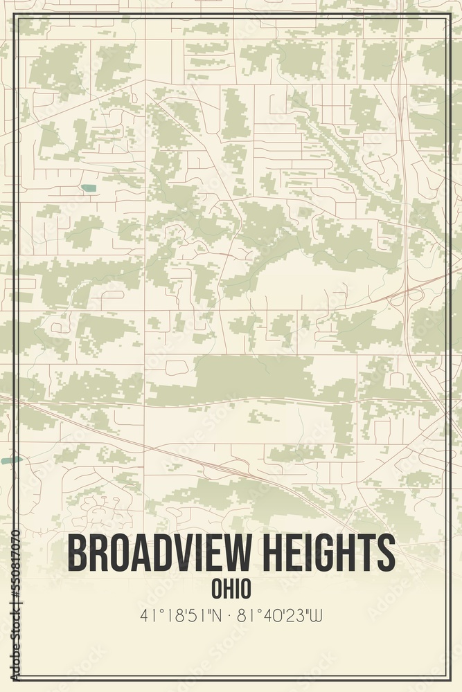 Retro US city map of Broadview Heights, Ohio. Vintage street map.