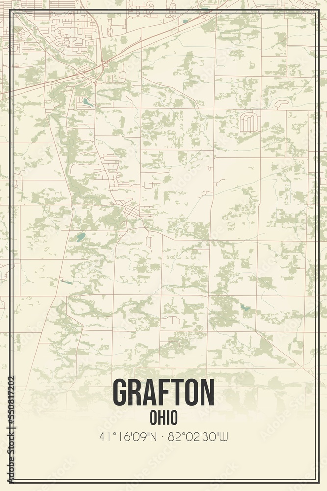 Retro US city map of Grafton, Ohio. Vintage street map.