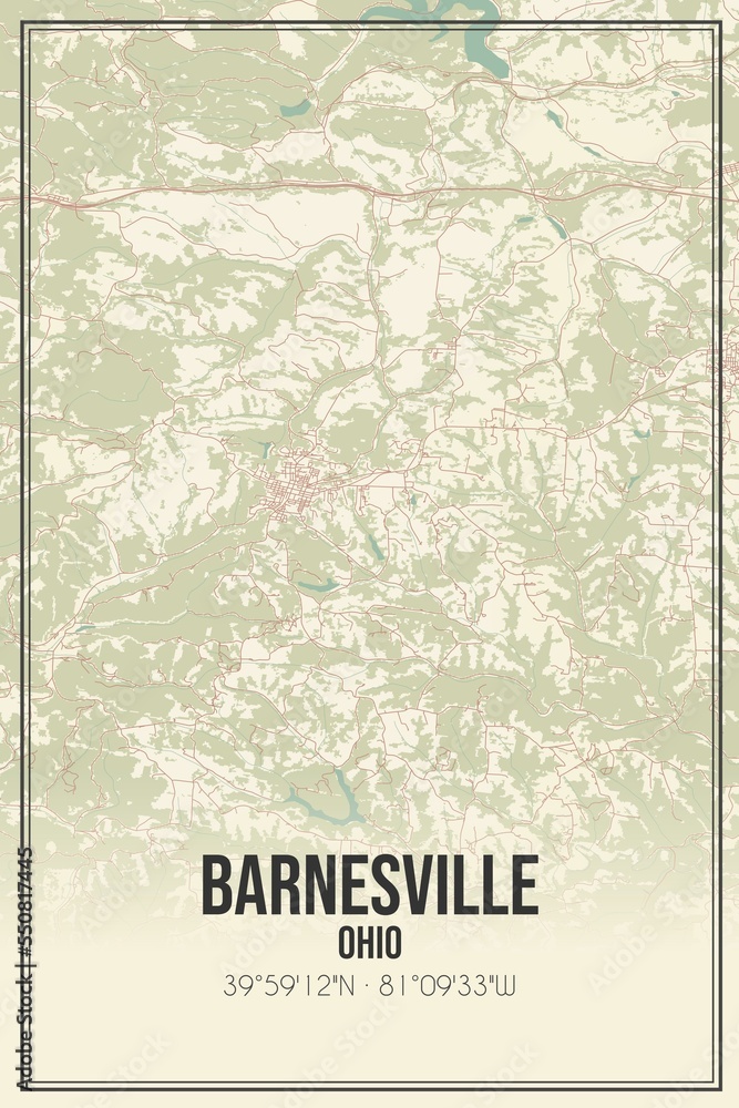 Retro US city map of Barnesville, Ohio. Vintage street map.