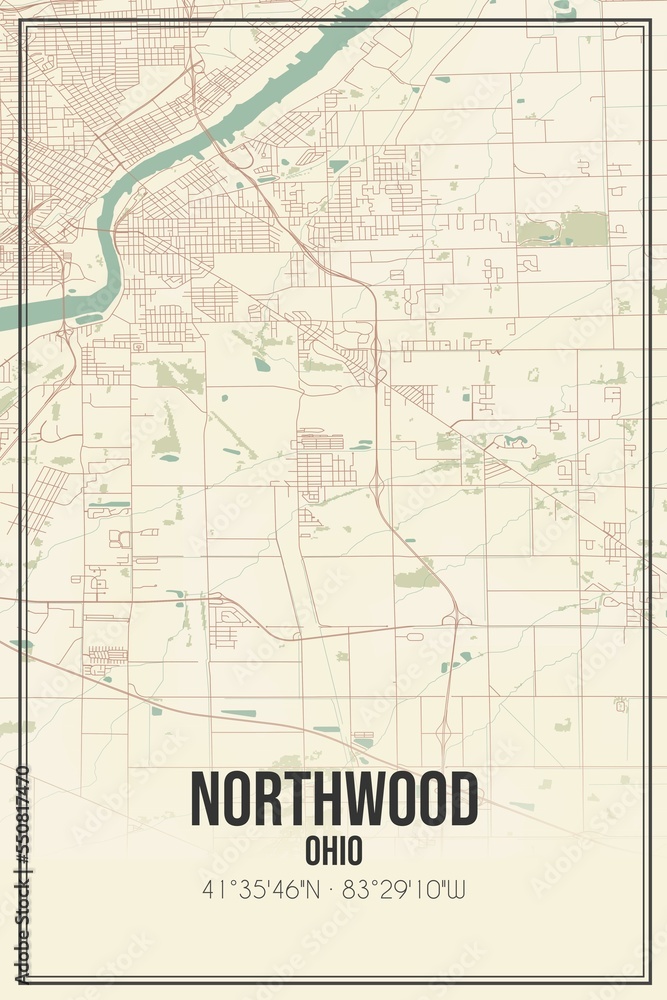 Retro US city map of Northwood, Ohio. Vintage street map.