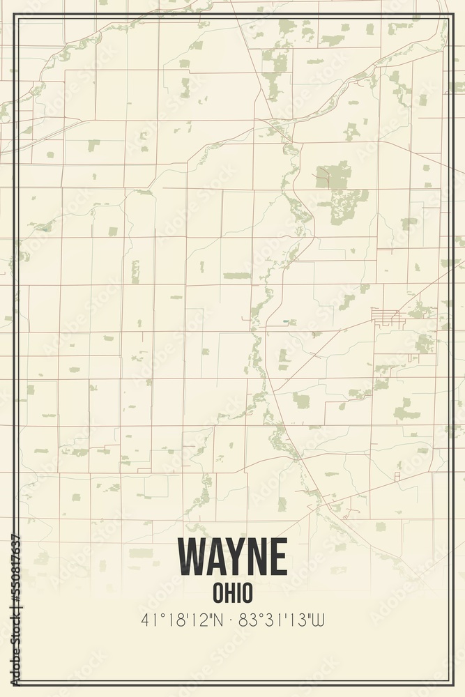 Retro US city map of Wayne, Ohio. Vintage street map.