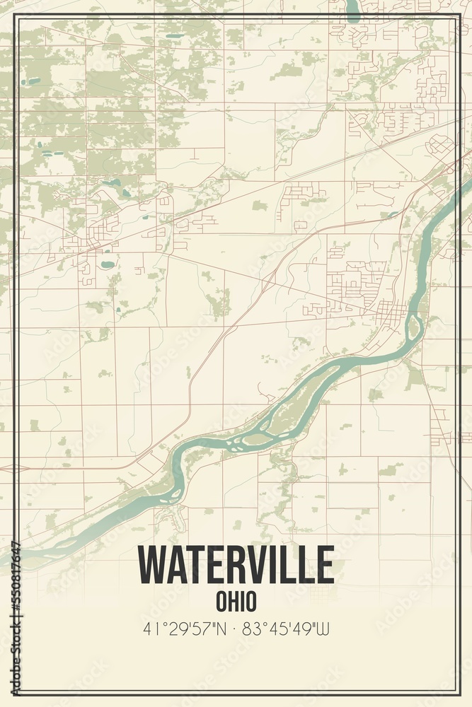 Retro US city map of Waterville, Ohio. Vintage street map.