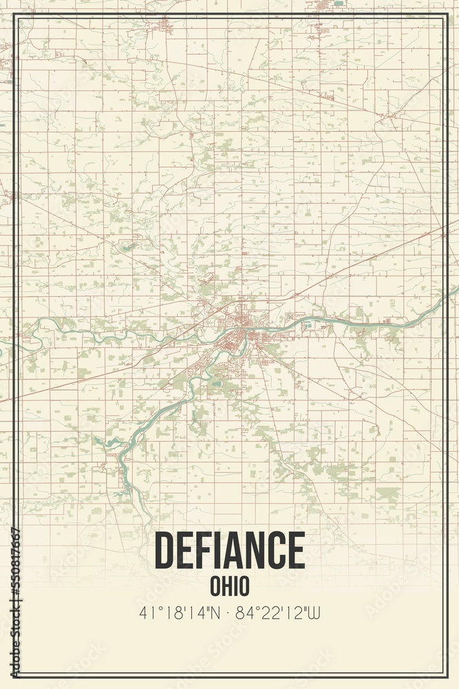 Retro US city map of Defiance, Ohio. Vintage street map.