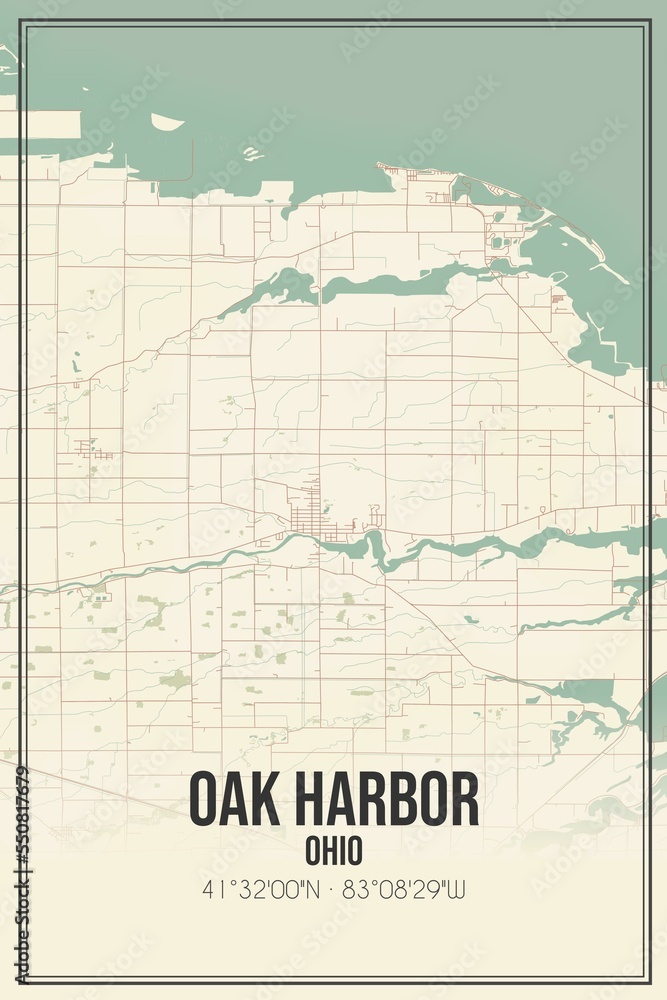 Retro US city map of Oak Harbor, Ohio. Vintage street map.