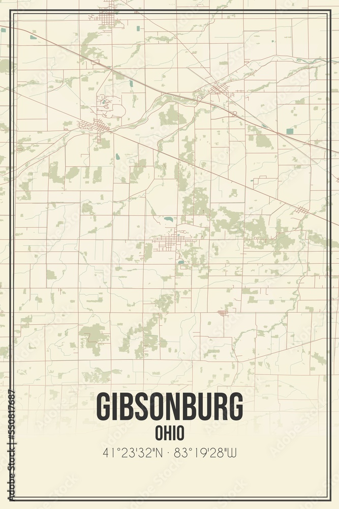 Retro US city map of Gibsonburg, Ohio. Vintage street map.